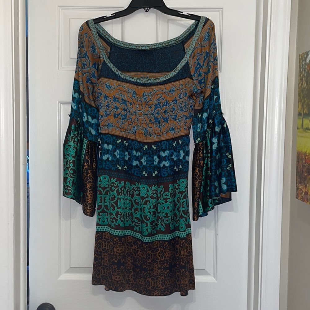 Hale Bob Printed Silk Bell Sleeve Dress